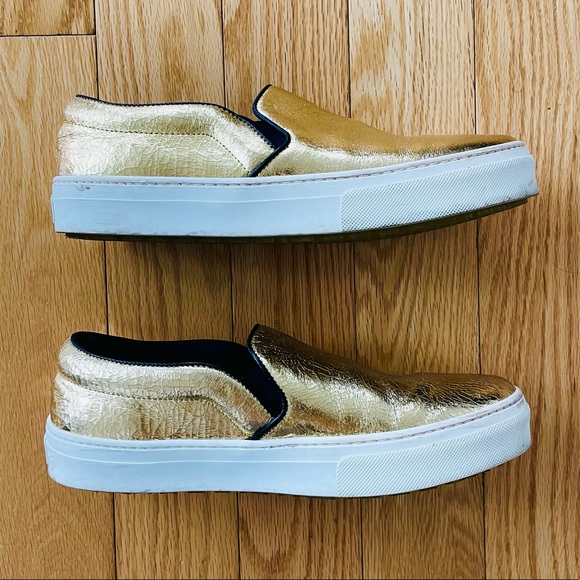 CELINE Distressed Gold Leather Slip On Sneakers - Picture 4 of 8